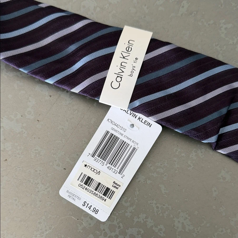 Calvin Klein Boys Tie - Deep Navy and Light Blue and Silver Stripes